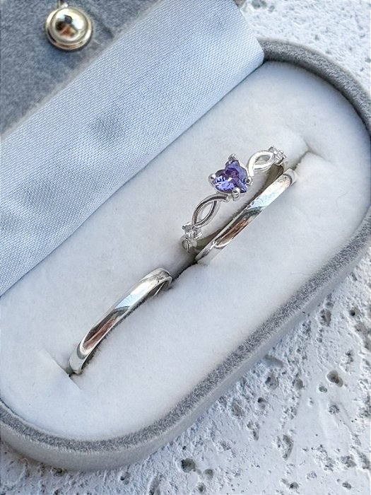 Par de Aliança Julieta 2mm + Solitário Love roxo - Prata 950