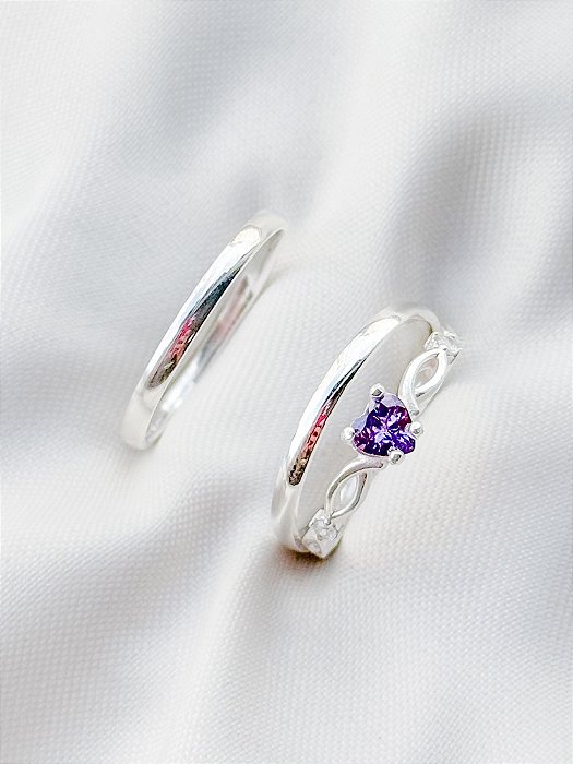 Par de Aliança Julieta 2mm + Solitário Love roxo - Prata 950