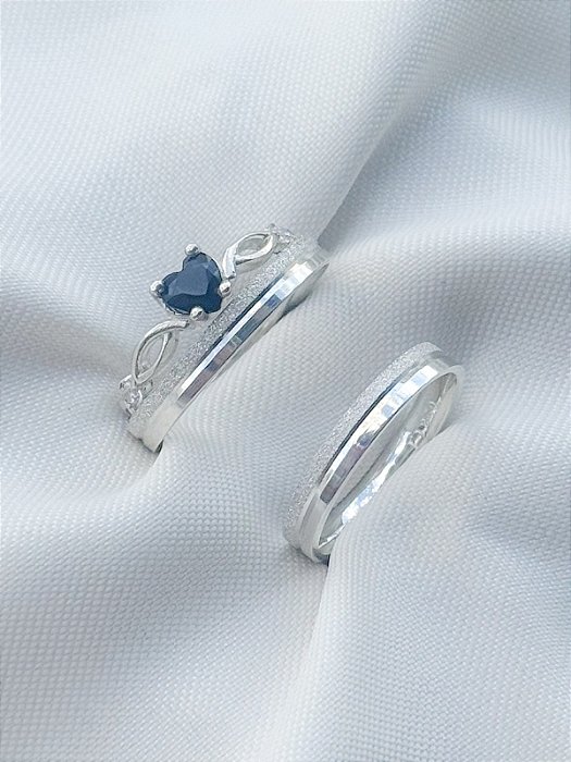 Par de Aliança Alice + Solitário love Black - Prata 950