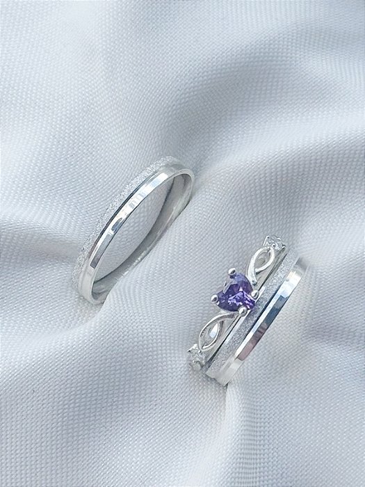 Par de Aliança Alice + Solitário Love Roxo - Prata 950