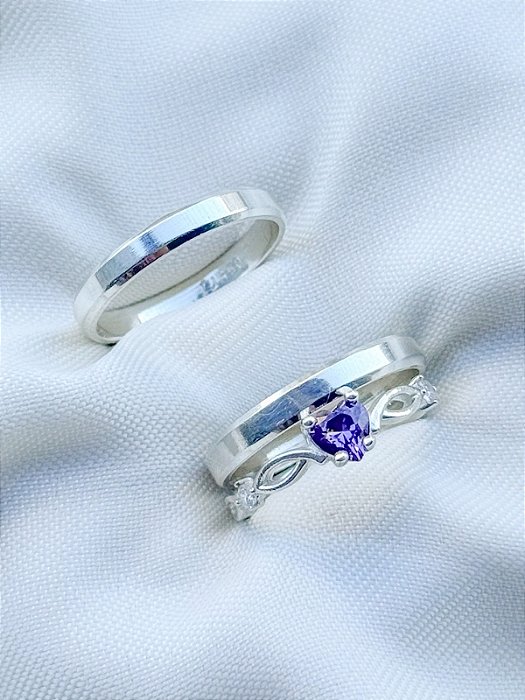 Par de Aliança Chanfrada + Solitário Love Roxo - Prata 950