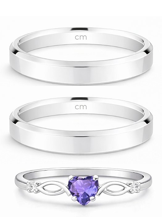 Par de Aliança Chanfrada + Solitário Love Roxo - Prata 950