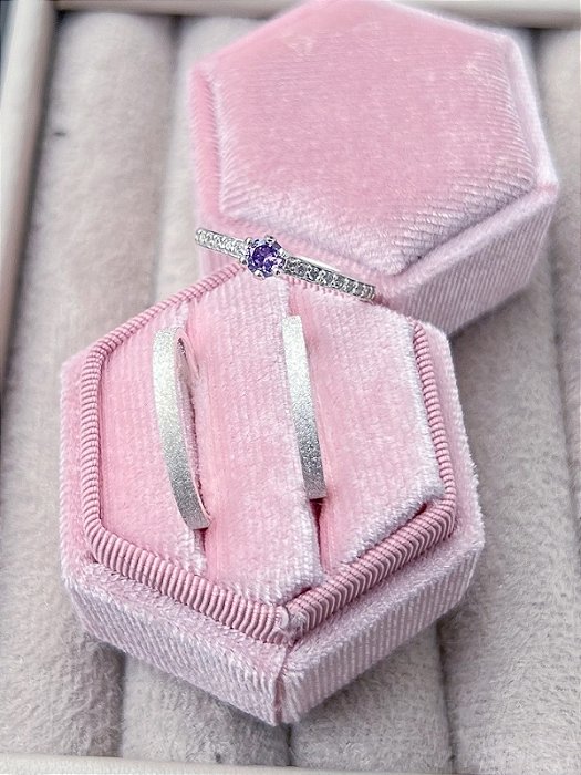 Par de Aliança diamantada 2mm + Solitário Rapunzel Roxo - Prata 950