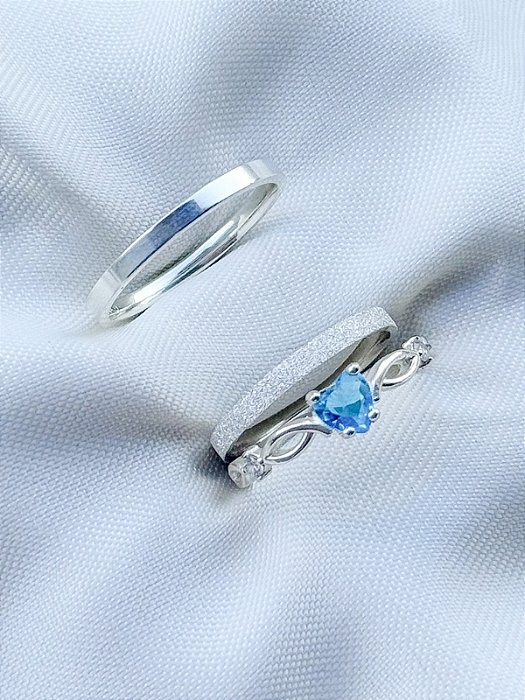 Par de Aliança Snow White 2mm Diamantado + Solitário Love Azul - Prata 950