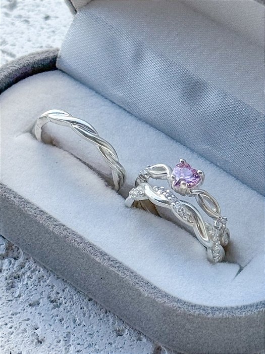 Par de Aliança Mônaco com pedra + Solitário Love rosa - Prata 950