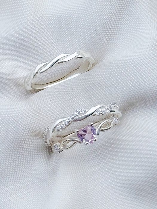 Par de Aliança Mônaco com pedra + Solitário Love rosa - Prata 950