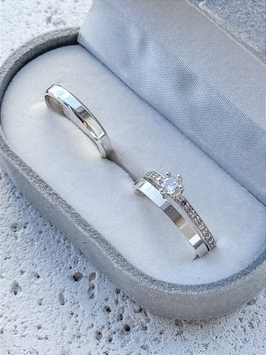 Par de Aliança Holanda e Chanfrada + Solitário Rapunzel Cristal - Prata 950