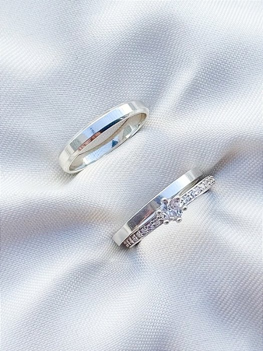 Par de Aliança Holanda e Chanfrada + Solitário Rapunzel Cristal - Prata 950