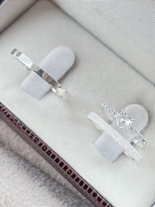 Par de Aliança Snow 2mm + Solitário Mini Love - Prata 950
