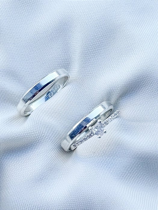 Par de Aliança Chanfrada + Solitário mini Love - Prata 950