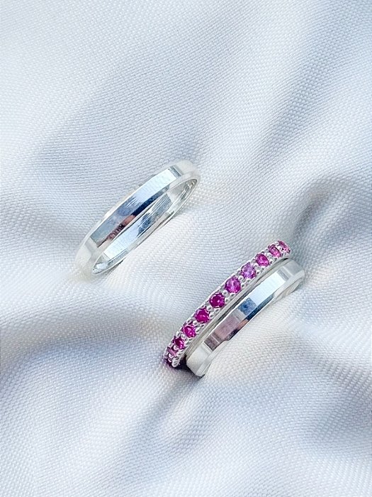 Par de Aliança Chanfrada + Solitário Pace rosa - Prata 950