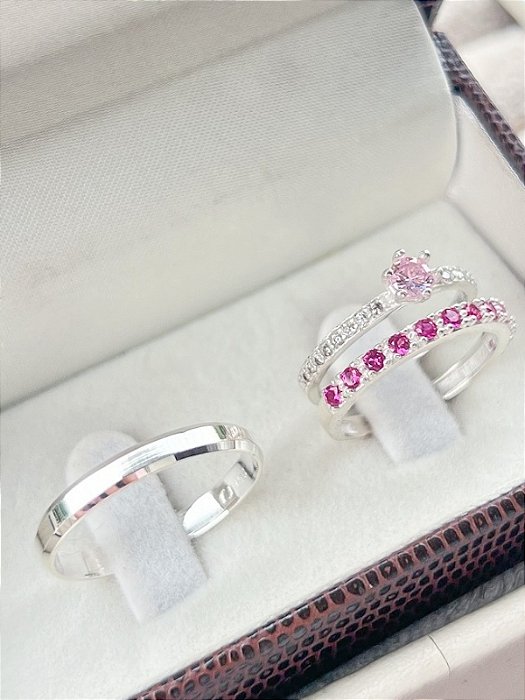 Par de aliança Pace rosa + Solitário romantic rosa - Prata 950