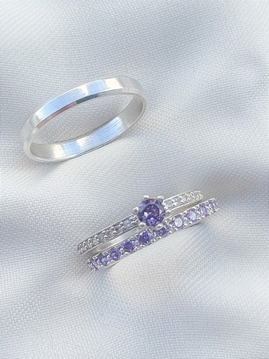 Par de aliança Pace roxo + Solitário romantic roxo - Prata 950