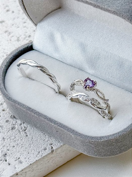 Par de Aliança Mônaco com pedra + Solitário love roxo - Prata 950