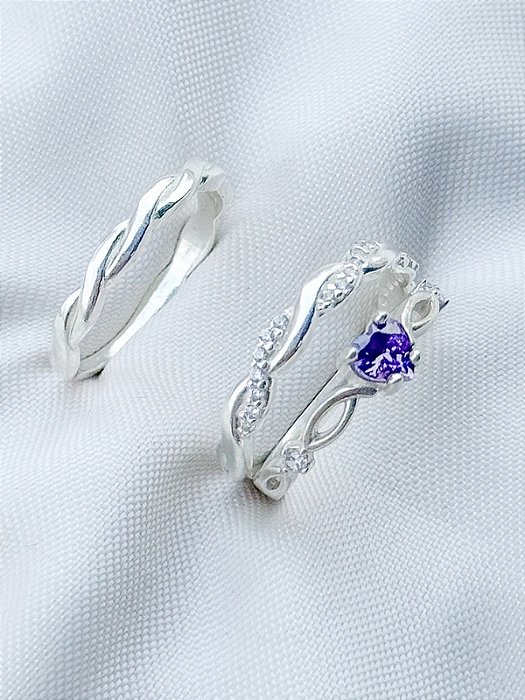 Par de Aliança Mônaco com pedra + Solitário love roxo - Prata 950