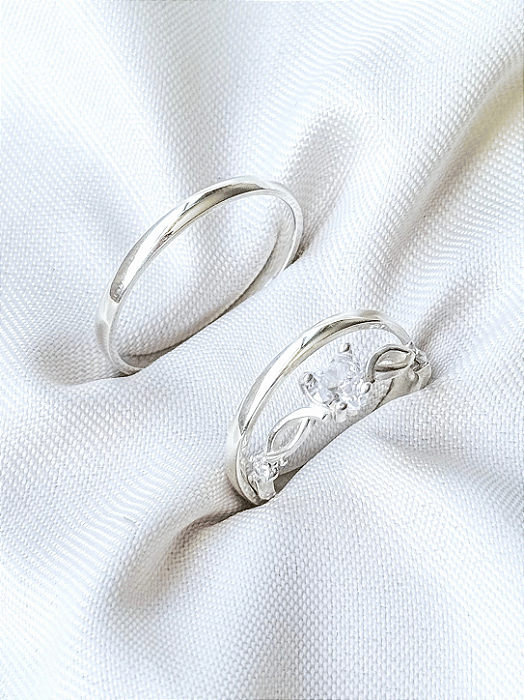 Par de Aliança Julieta 2mm + Solitário Love Cristal - Prata 950