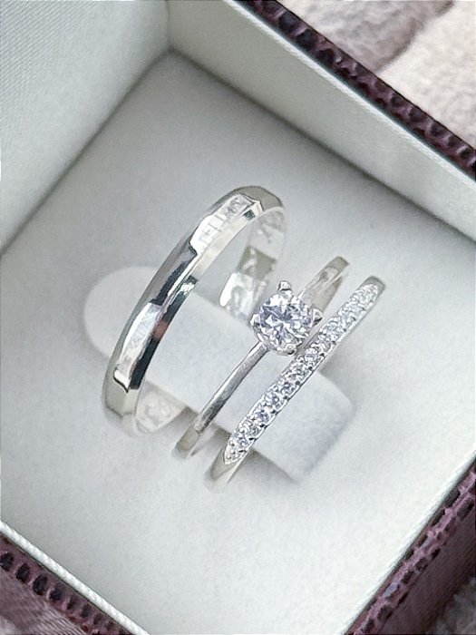 Par de Aliança França Cristal com pedra + solitário encanto - Prata 950