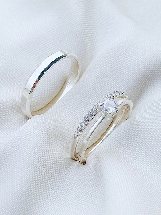 Par de Aliança França Cristal com pedra + solitário encanto - Prata 950