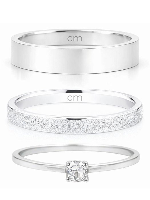 Par de Aliança Snow 2mm e 4mm + solitário encanto - Prata 950
