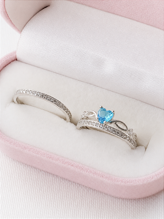 Par de Aliança Bella + Solitário Love azul claro - Prata 950