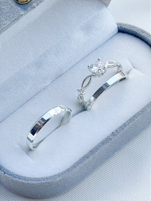 Par de Aliança Holanda e Chanfrada + Solitário love cristal - Prata 950