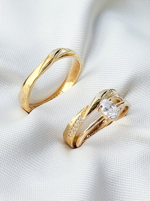 Par de Aliança Venus com pedra + Solitário - Moeda Antiga