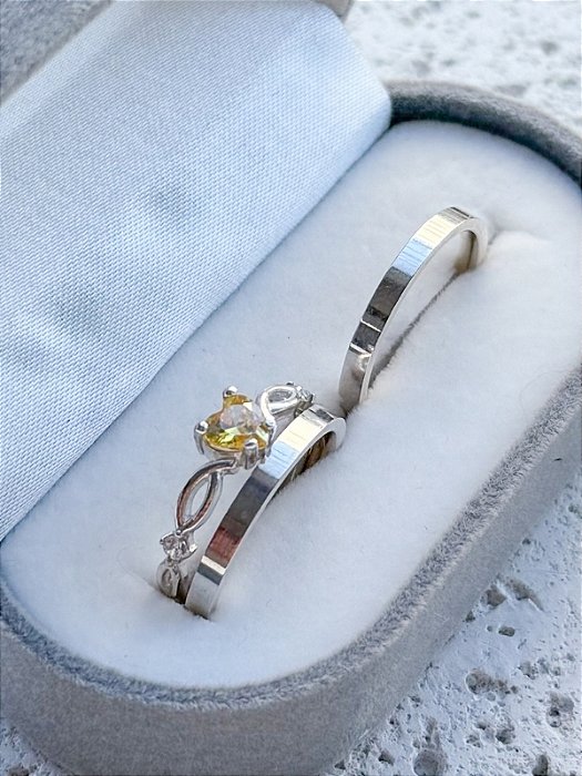 Par de Aliança Holanda 2mm + Solitário Love Amarelo - Prata 950