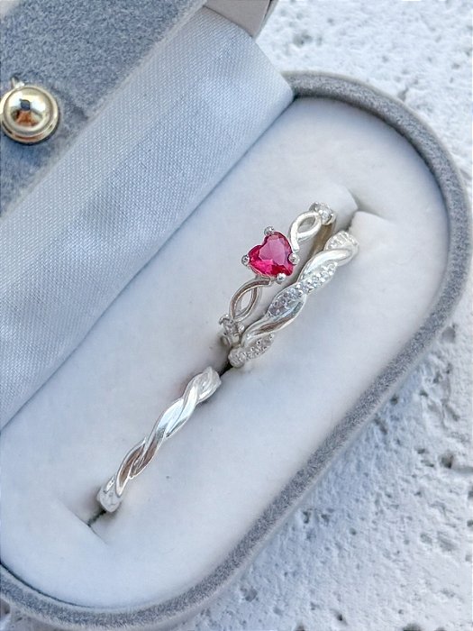 Par de Aliança Mônaco com pedra + Solitário Love rosa Escuro - Prata 950