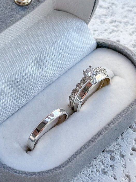 Par de Aliança Chanfrada + Solitário Star - Prata 950