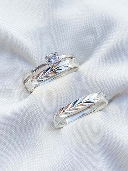 Par de Aliança Romana + Solitário Encanto cristal - Prata 950