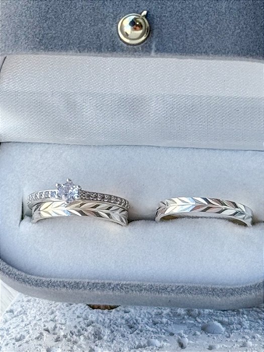 Par de Aliança Romana + Solitário Romantic cristal - Prata 950