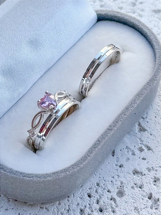 Par de Aliança Romênia 4mm + Solitário Love - Prata 950