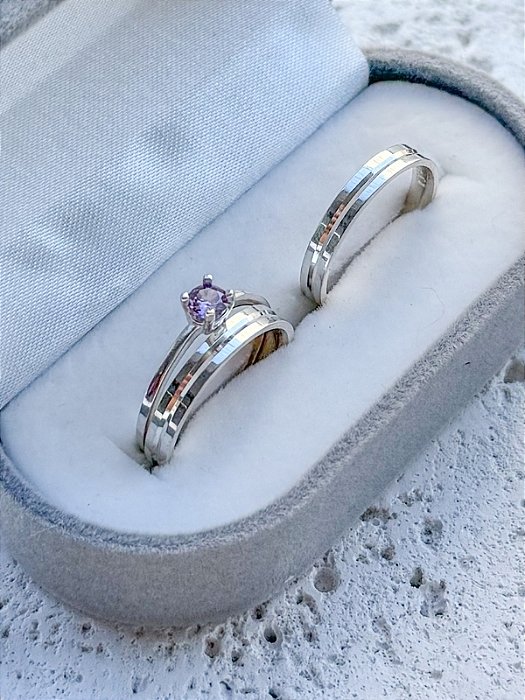 Par de Aliança Romênia 4mm + Solitário Encanto Roxo - Prata 950
