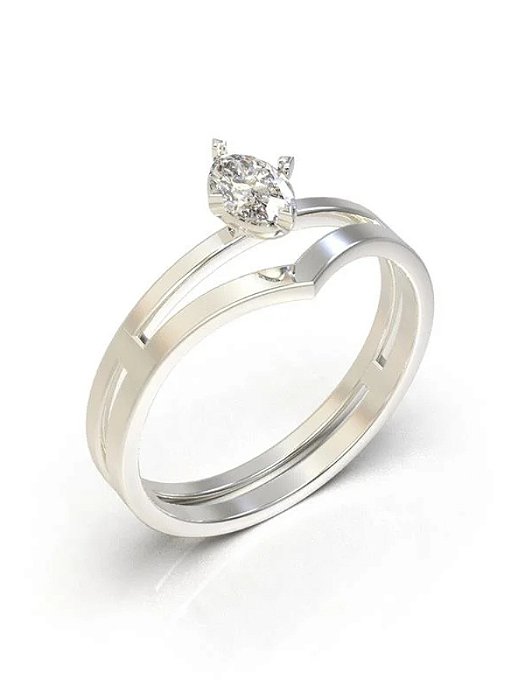 Anel Solitário Duplo em v - Prata 950