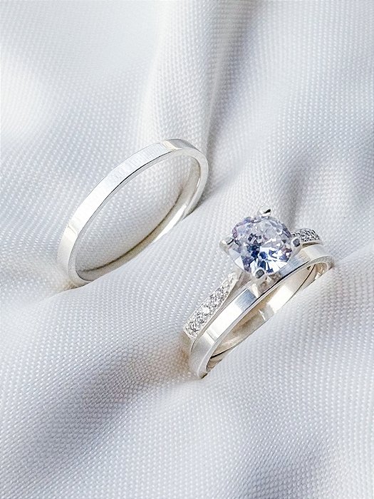 Par de Aliança Holanda 2mm + Solitário Shine - Prata 950