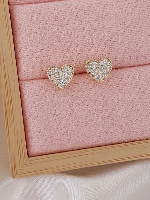Brinco Coração cravejado - Folheado a Ouro