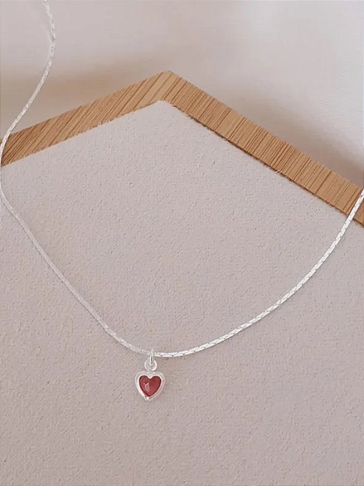 Choker fita coração rosa - Folheado a prata