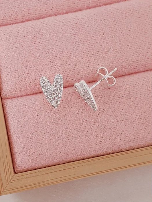 Brinco coração cravejado - Folheado a prata