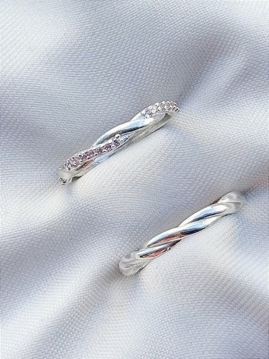 Par de Aliança Mônaco com pedra rosa - Prata 950