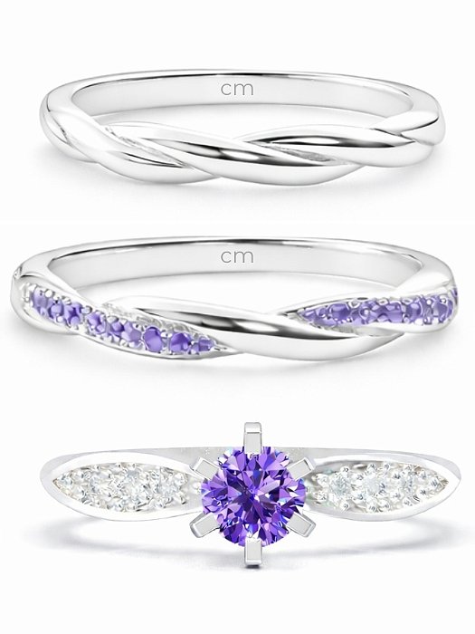 Par de Aliança Mônaco com pedra roxo + Solitário Ely- Prata 950