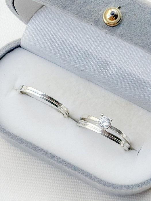 Par de Aliança friso 2mm + solitário encanto - Prata 950