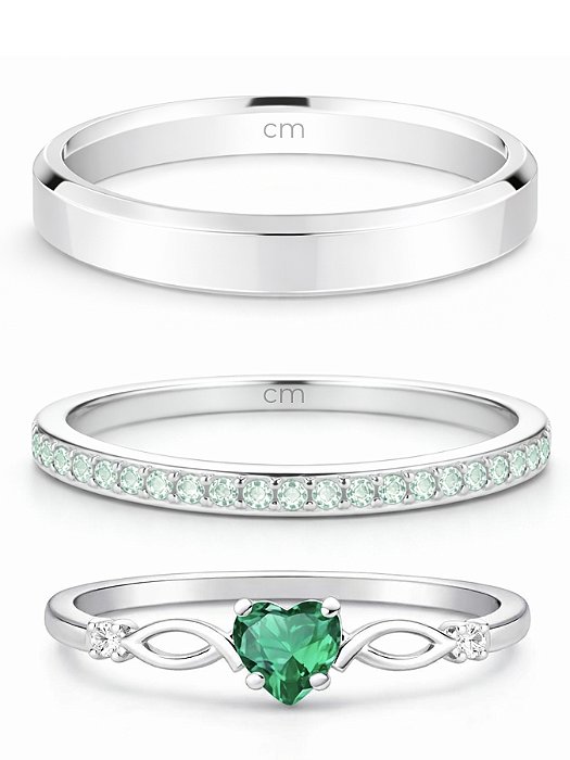 Par de alianças Polônia com pedra verde + Solitário Romantic - Prata 950