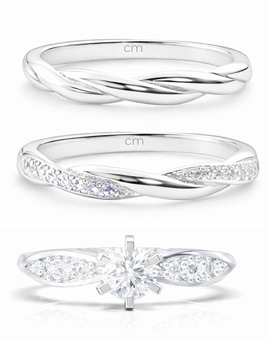 Par de Aliança Mônaco com pedra + Solitário Ely - Prata 950