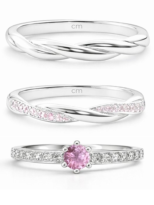 Par de Aliança Mônaco com pedra + Solitário Romantic Rosa - Prata 950