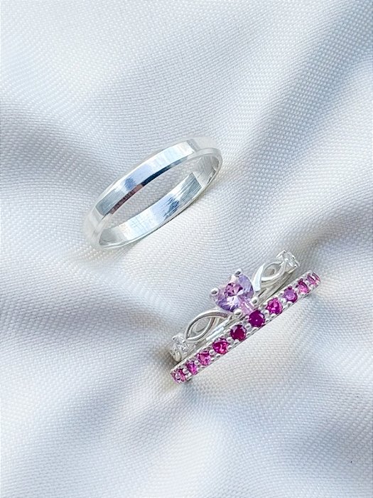 Par de aliança Pace rosa + Solitário Love rosa - Prata 950