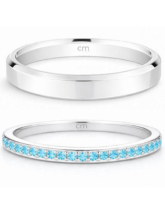 Par de aliança França chanfrada azul com pedra - Prata 950