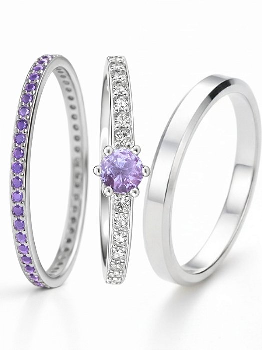 Par de Aliança Polonia com pedra chanfrada roxo + Solitário romantic - Prata 950