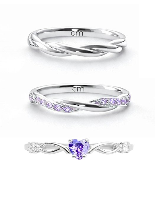Par de Aliança Mônaco com pedra roxo + Solitário Love roxo - Prata 950