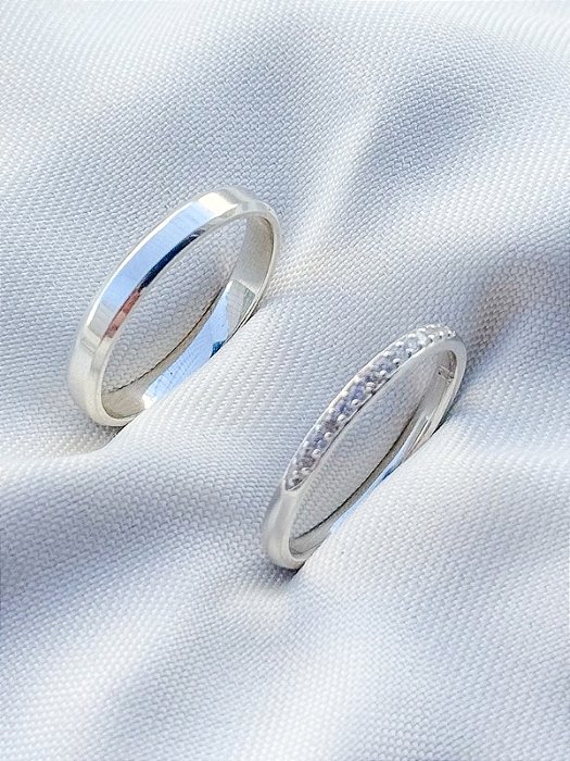 Par de Aliança França Cristal com pedra 4mm - Prata 950
