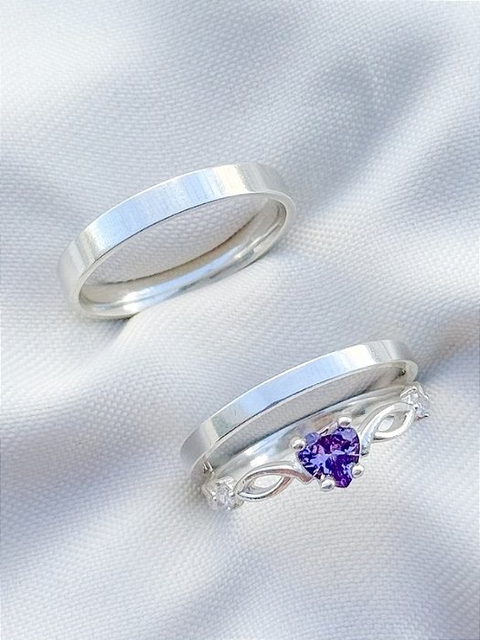 Par de Aliança Holanda 2mm e 3mm + Solitário Love Roxo - Prata 950
